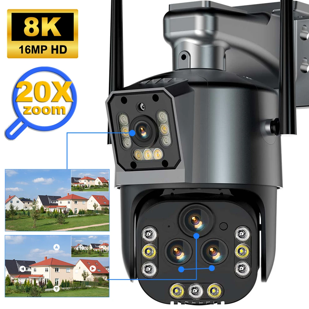 8K HD WiFi IP Camera 16MP 20X Hybrid Zoom Auto Tracking PTZ Cam Outdoor  Four Lens Dual Screen Video Surveillance Security CCTV