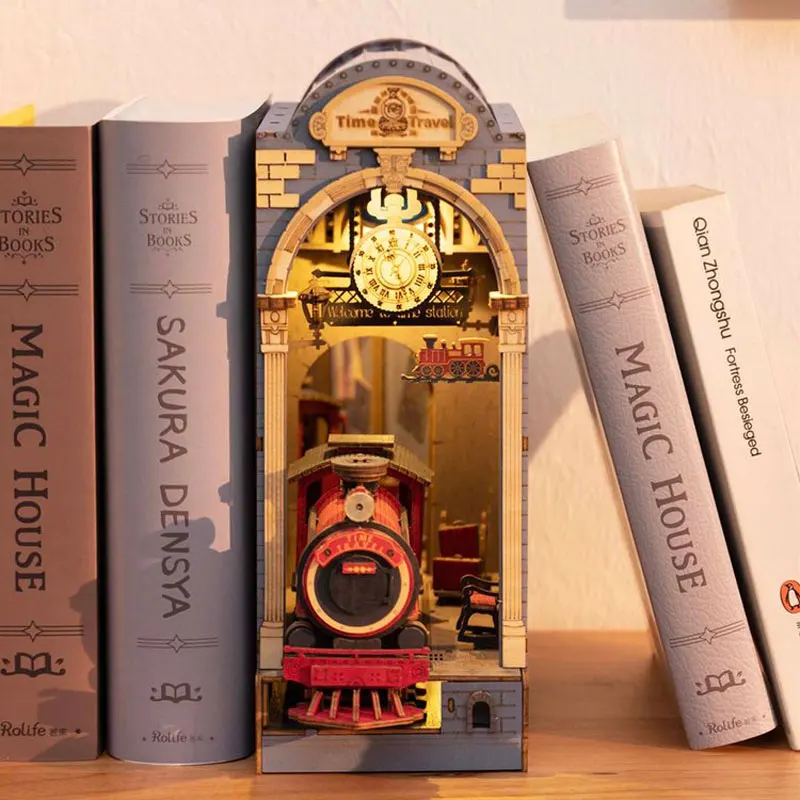 Robotime Rolife Book Nook DIY Dollhouse Furniture 4 Kinds Booknook Bookends Model Kit with LED Light for Bookshelf Insert Decor 5