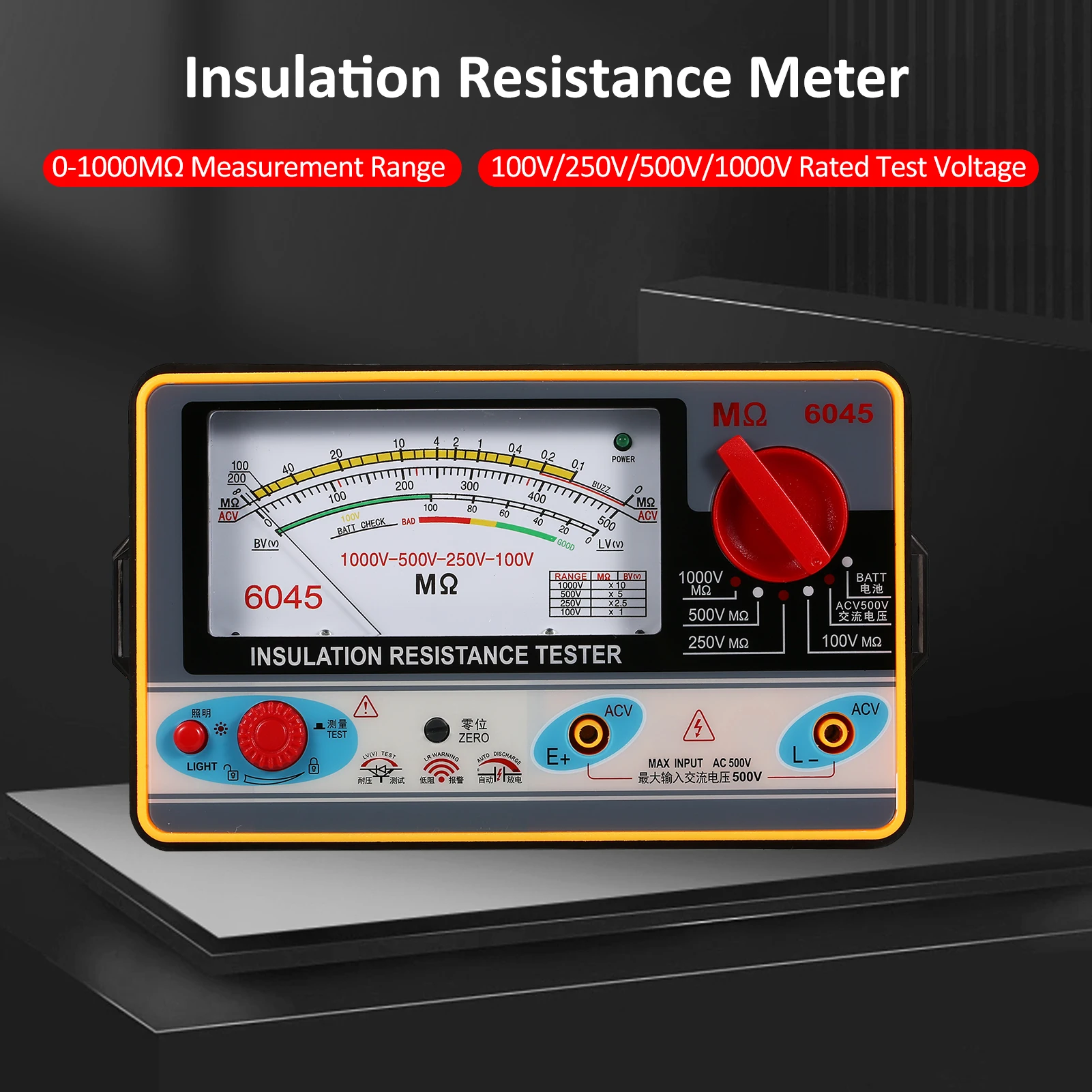 디지털 절연 저항계 메거 절연 테스터, 메가미터, 0-2000MΩ, 100V, 250V, 500V, 1000V