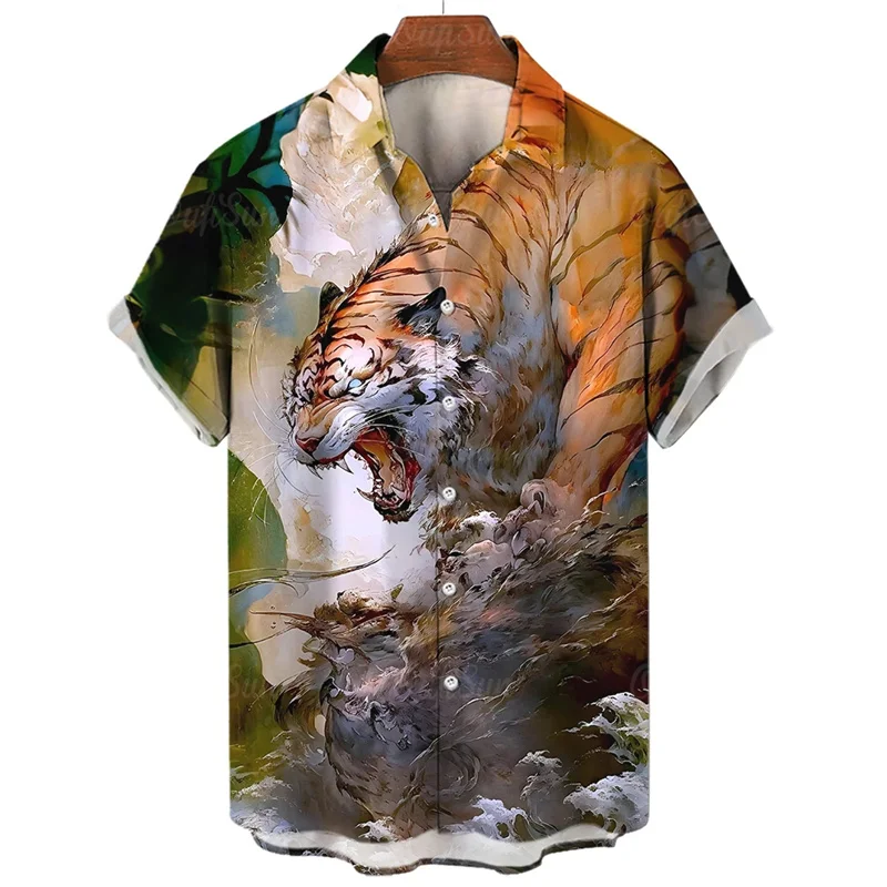 Camiseta De Tigre 3D Para Hombre Manga Corta, Cuello V, Estampado De  Animales Poliéster Elástico