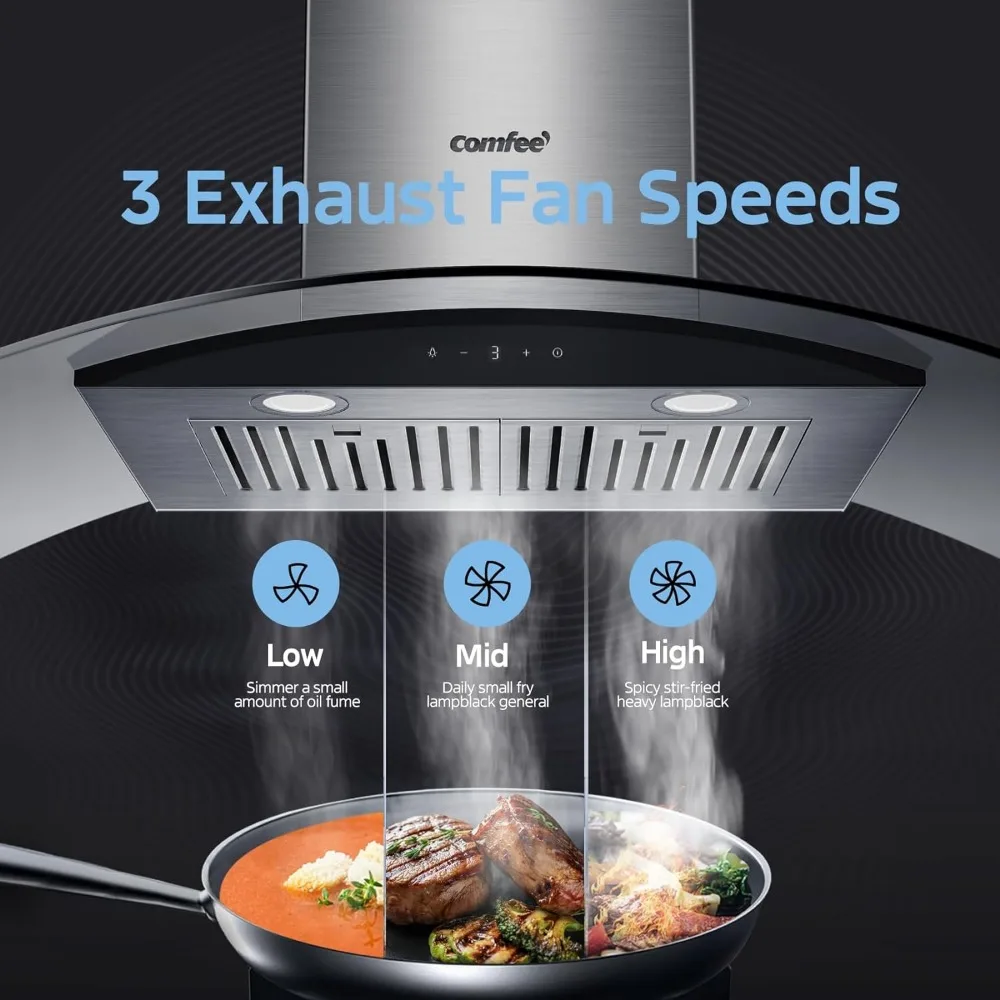 Curved Glass Range Hood,36 Inch,450 CFM ,3 Speed ,Gesture Sensing &Touch Control Panel ,Convertible ,Baffle Filters，2 LED Lights 4