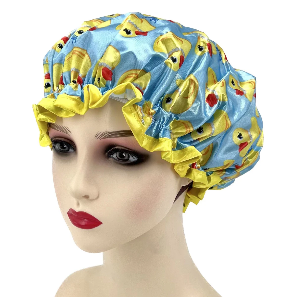 

Digital Printed polyester satin fabric double layer shower caps 1 size fit all