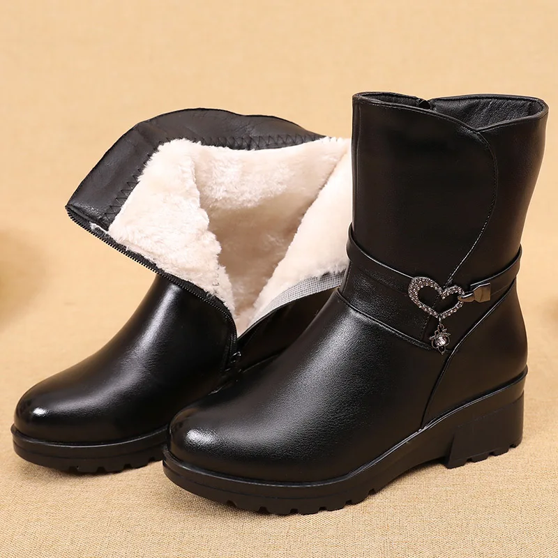Winter Fashion Genuine Leather Women Mid Calf Boots Casual Round Toe Zipper Plush Warm Female Shoes Lady Non-slip Snow Boots