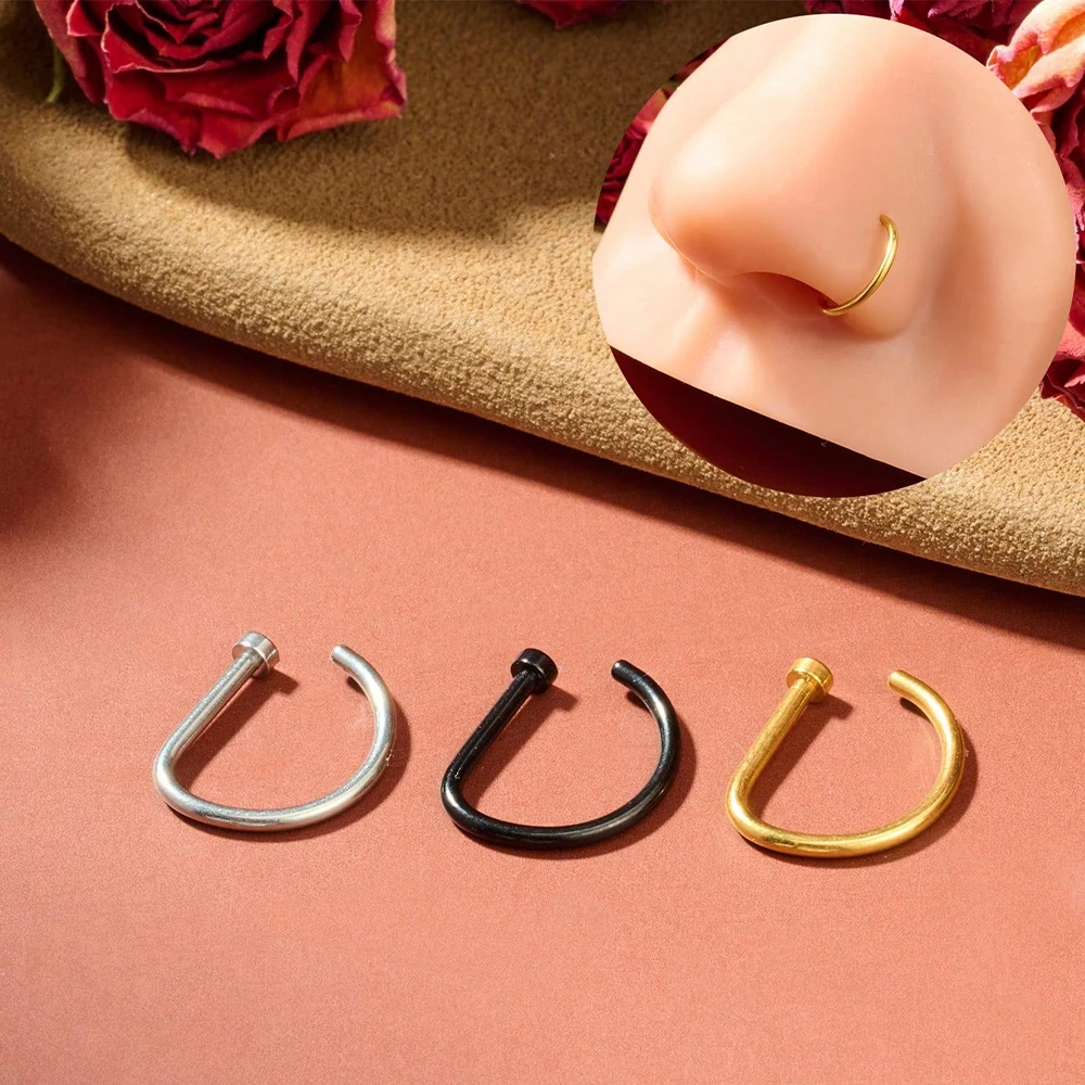 18G 2–5 Stück D-förmiges gefälschtes Nasenring-Reifen-Set, künstliche Nasenringe, Nasenreifen, kleiner Körperknorpel-Piercing-Schmuck aus Edelstahl – Detail 5