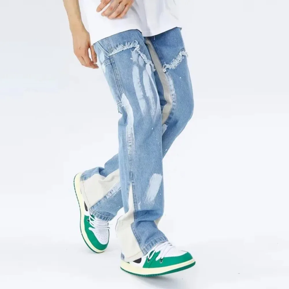 2023 new jeans loose flare overalls men's personalized patchwork jeans drawstring sweatpants multi-pocket men's denim trousers