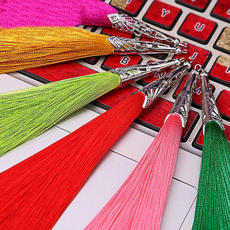 2PCS 14cm Cone Alloy Cap Silk Tassel Fringe Sewing Bang Tassel Trim Decorative Curtain Tassel for Craft Jewelry DIY Graft Making