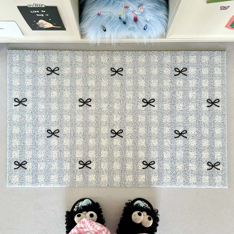 Plaid Bow Knot Door Mat Korean Ins Waterproof Carpet Anti Slip Resistant To Dirt Silk Ring Mat PVC Bathroom Kitchen Carpet