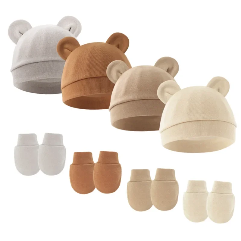 2pcs Baby Pullover Hat Mickey Ears Baby Hat Newborn Tire Cap Anti-scratch Gloves 1