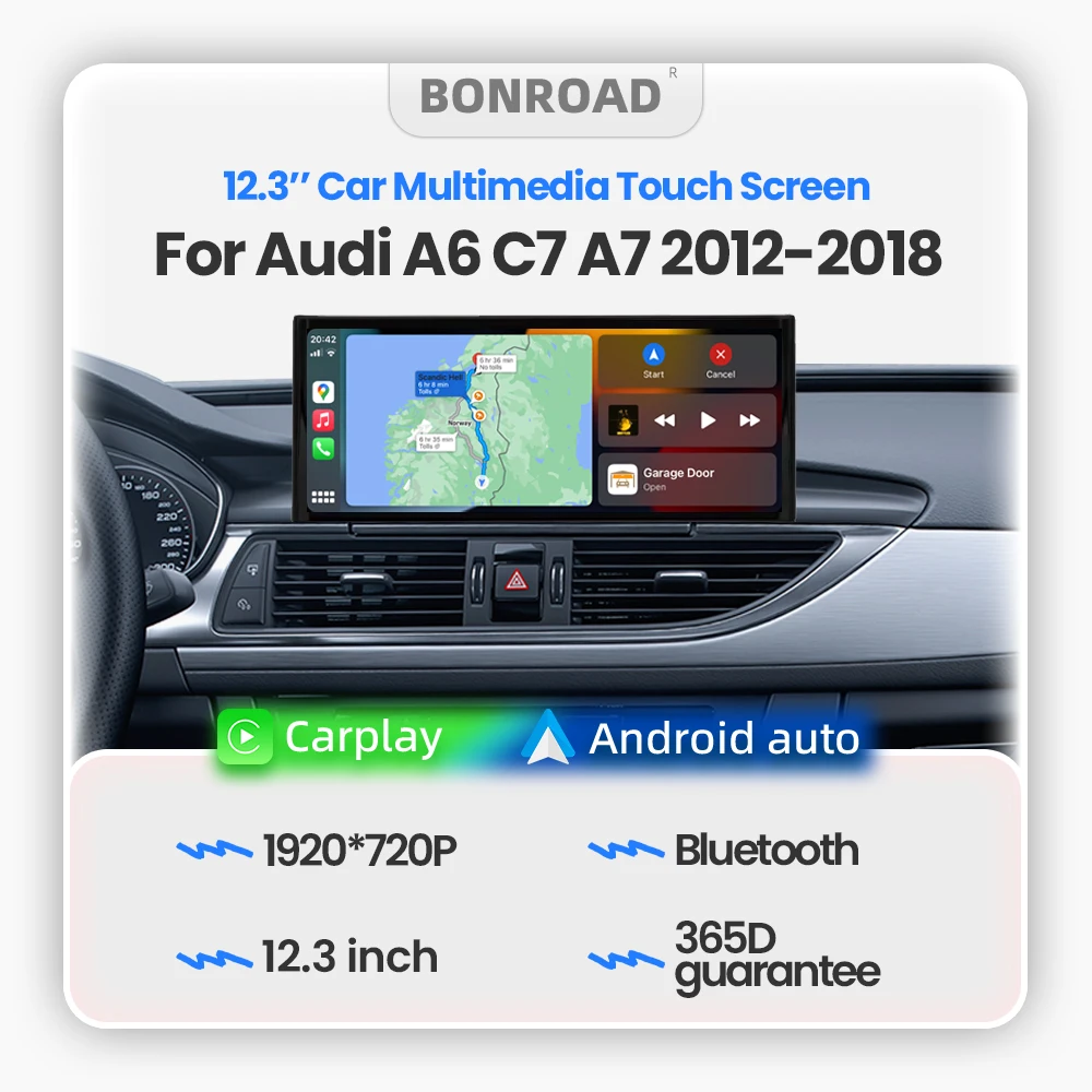 BONROAD Reproductor de radio para coche de 12,3 pulgadas, 1920*720P, pantalla táctil multimedia, CarPlay inalámbrico, Android Auto para Audi A6 C7 A7 2012-2018 con Airplay Auto Link, Bluetooth 5,0, navegación GPS 1