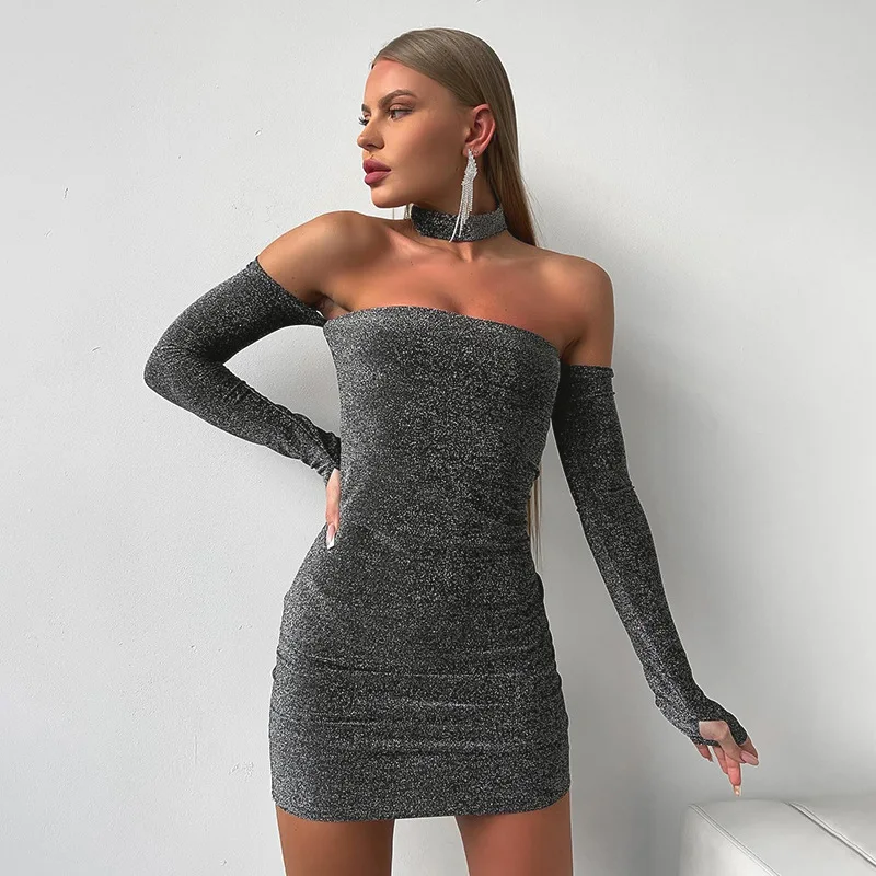 

Nightclub Sexy Silver Mini Dress Women Strapless Raglan Long Sleeves Bright Silk High Waist Dress Office Lady Streetwear Party