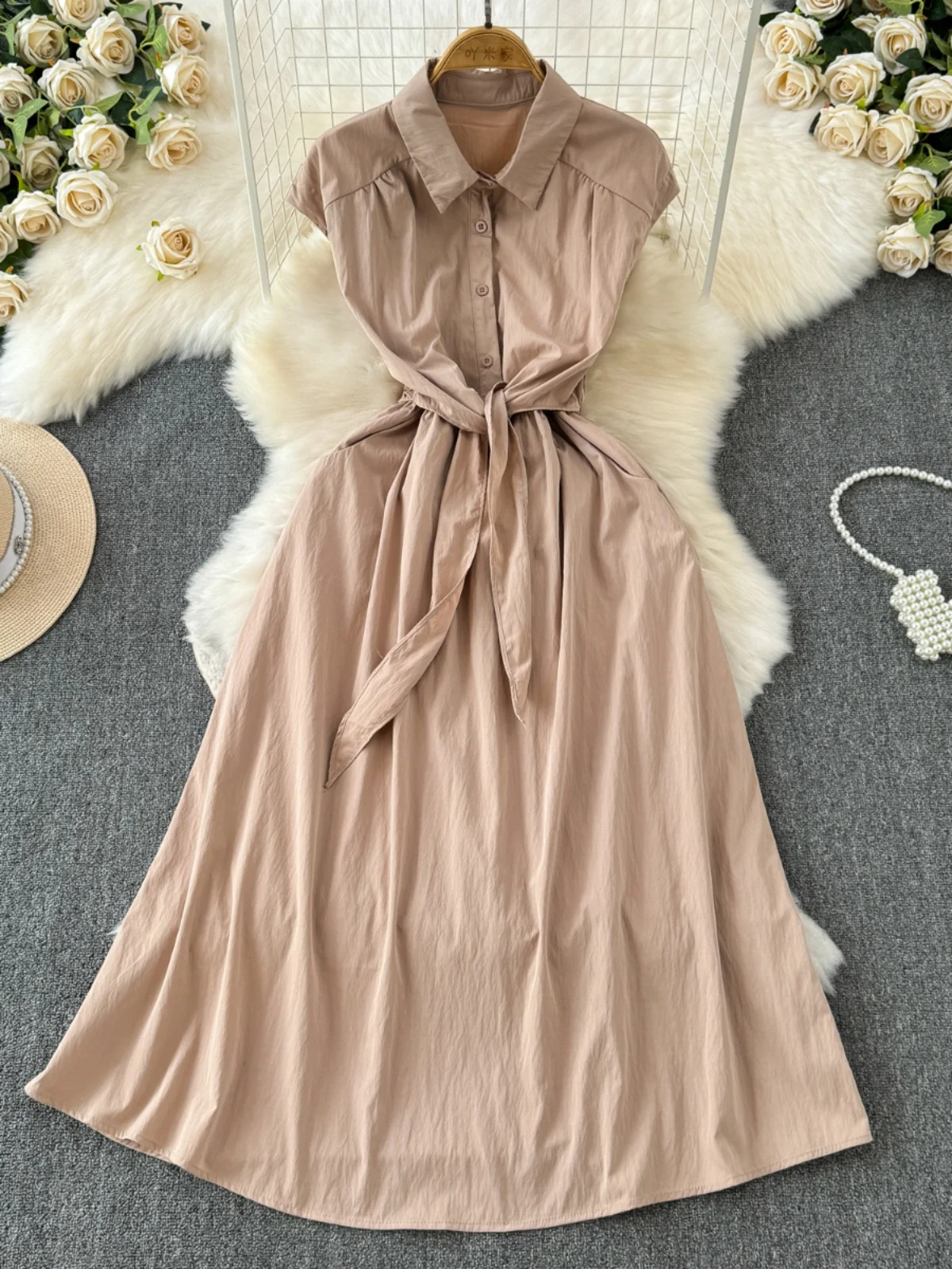 

Женское платье-рубашка без рукавов, однотонное простое длинное платье во французском стиле с отложным воротником на шнуровке, лето