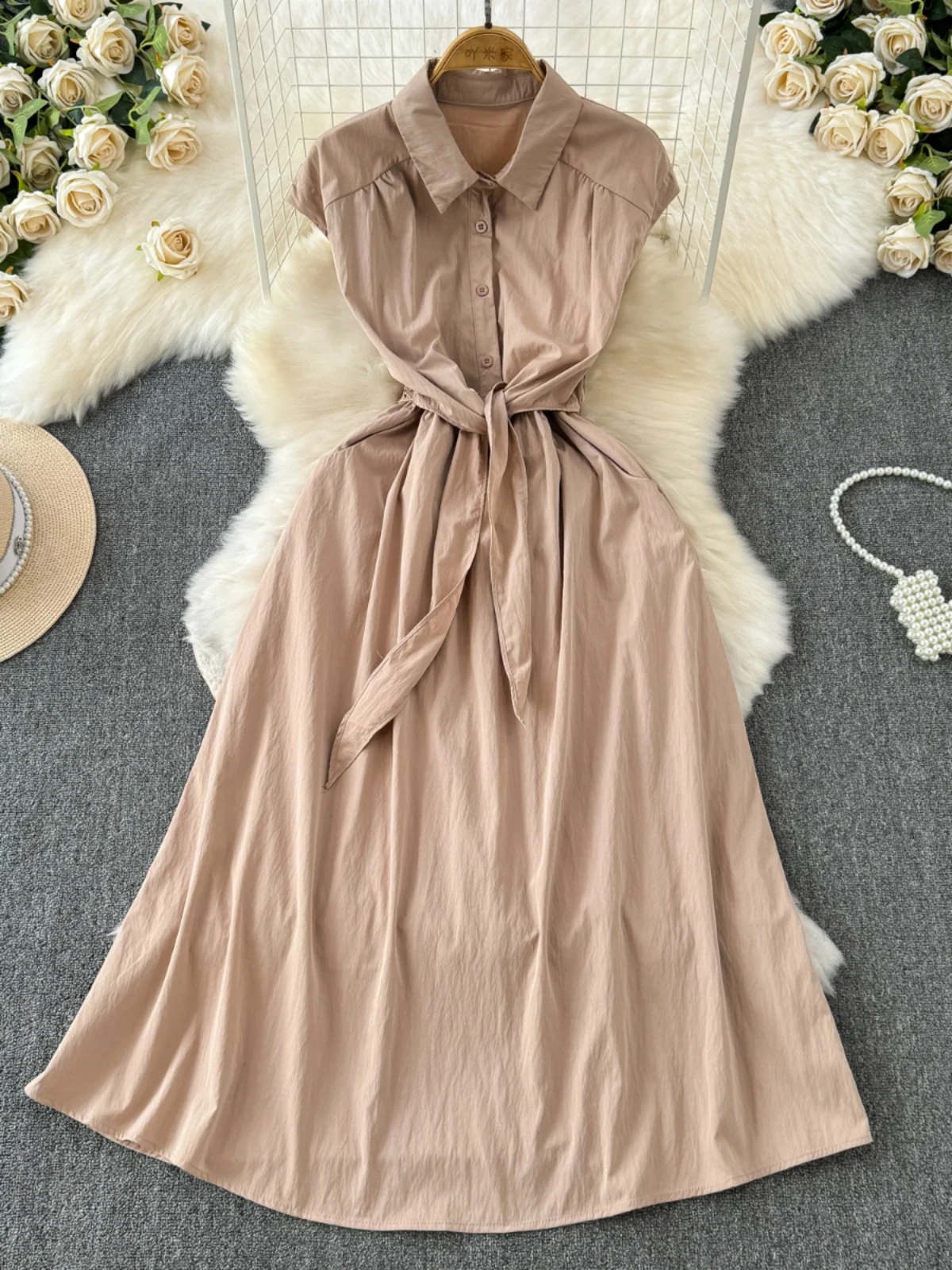 

Temperament Sleeveless Women Shirts Dress Summer New Turn-down Collar Lace-up Dress French Style Solid Simple Female Long Dress