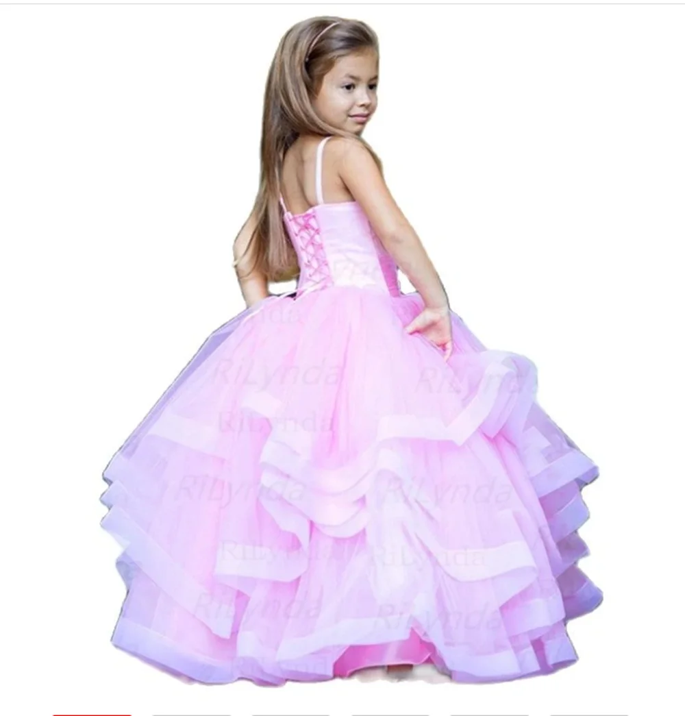 

Flower Girl Dress Spaghetti Rhinestone Applique Wedding Party Tulle Ball Gown Sleeveless Floor Length Princess Girl Dresses