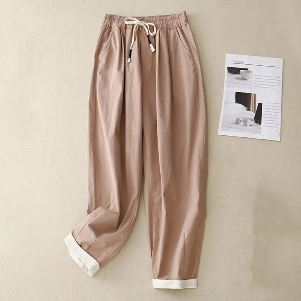 

Elastic High Waist Pants Stylish Women's Wide Leg Drawstring Pants with Pockets Retro Casual Trousers for Summer Beach Wear