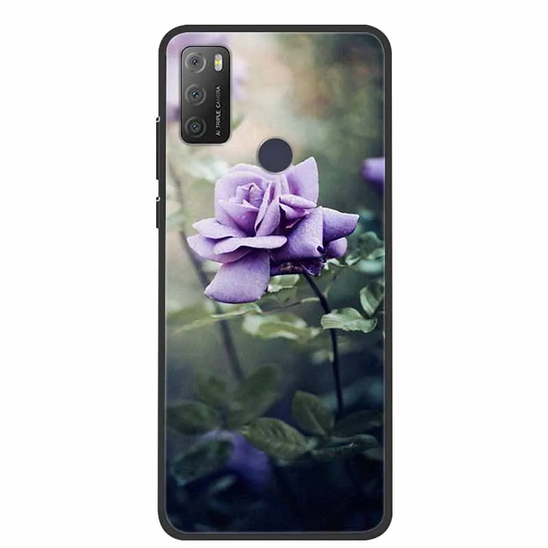 Charming Cat & Floral Design Silicone Phone Case, Black 6.52''