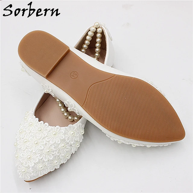 Sorbern White Flower Wedding Shoes Flat Heels 3Cm 5Cm 8Cm Kitten Heel Shoe Beading Straps Elastic Comfy Bridesmaid Girls Shoe 5