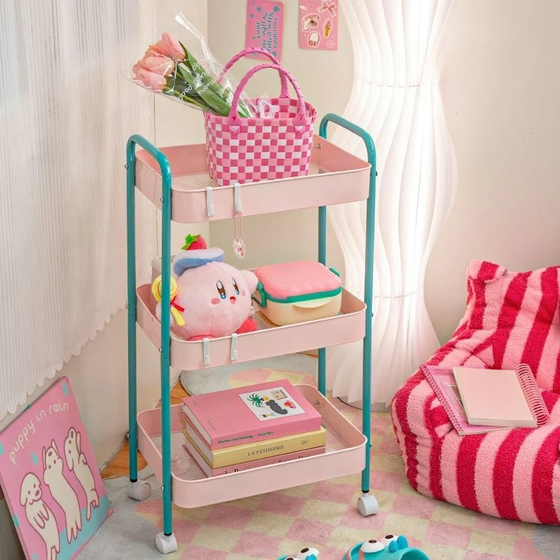 

3 Layer Contrast Color Trolley Storage Shelf Multi-layer Movable Trolley Cosmetics Snack Storage Rack Bathroom Mobile Shelf Home