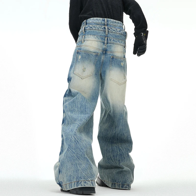 FEWQ Niche Design Men's Jeans Patchwork Layered Multi-wasit Worn-out Solid Color Wide Leg Straight Male Denim Pants 2025 24K1304 6