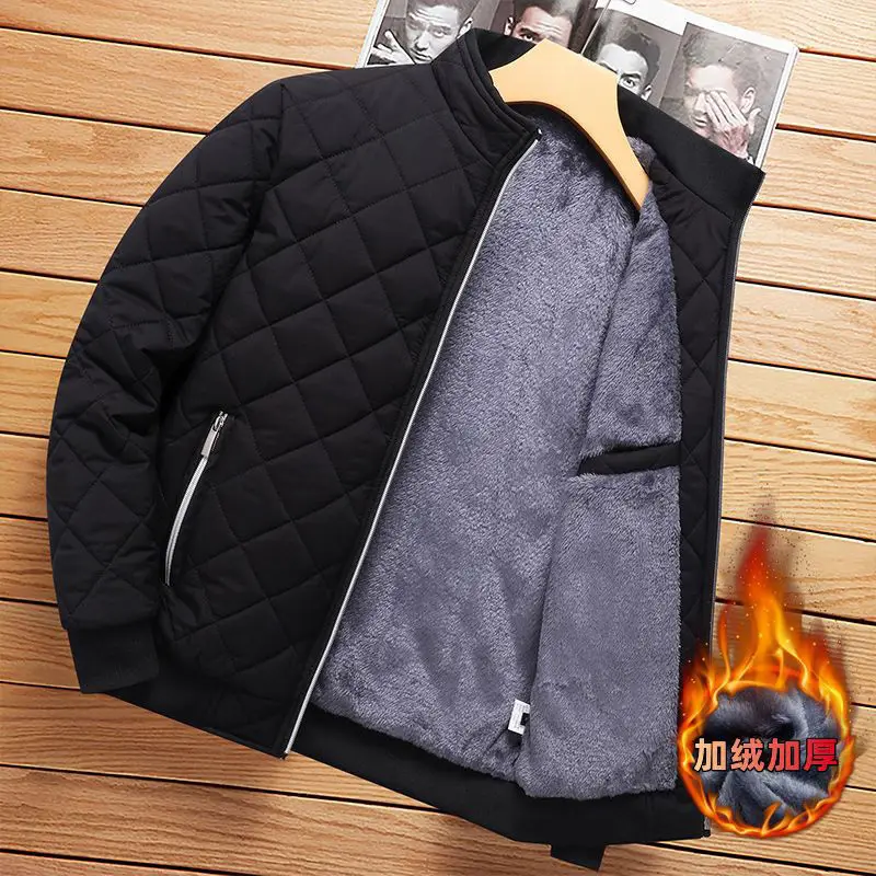 2024 New Slim Fit Coat Autumn Winter Bomber Jacket Men Diamond Pattern Fleece Lined Casual Jacket Men Fashion Clothing