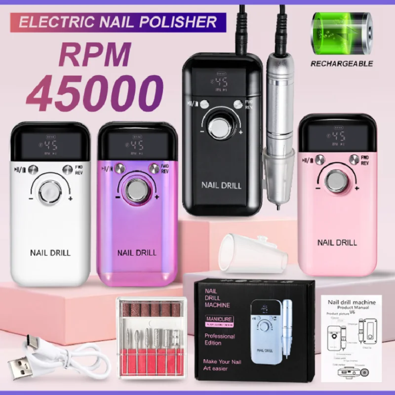 Electric Nail Drill 45000RPM Rechargeable Professional For Gel Nails Polish Portable File Manicure Tool For Electric Nail Drill Electric Nail Grinder
