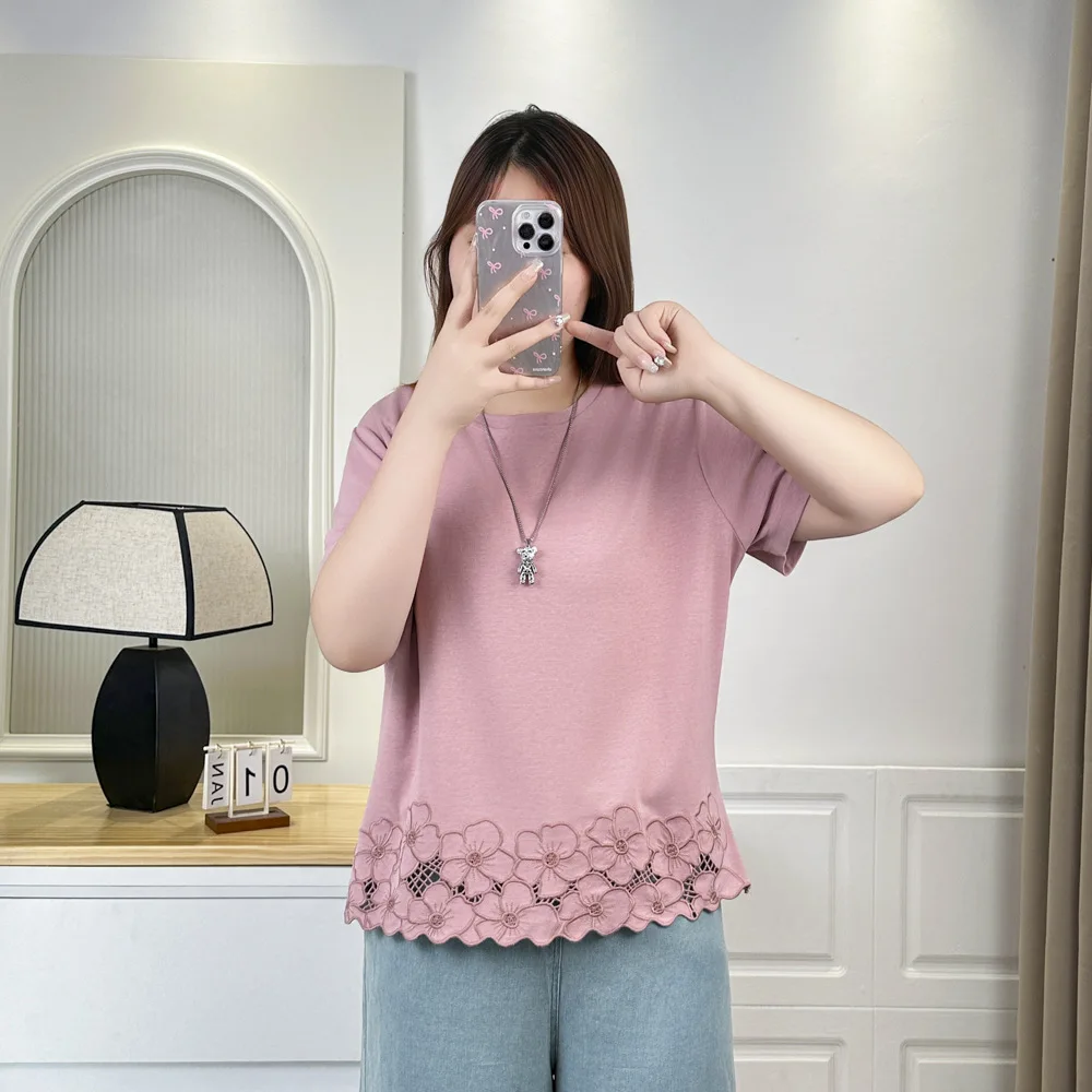 2025 Summer Top New Fashion Hem Lace Flower Patchwork Short Sleeve Tees 100KG Plus Size Women T-shirt 727
