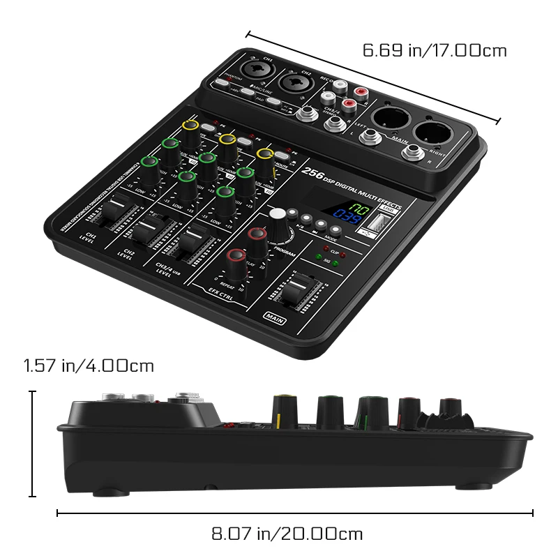 Audio Mixer 4 Channel Audio Mixer 48V Phantom Power USB Studio Sound Mixers Bluetooth DJ Console Mixing for Karaok