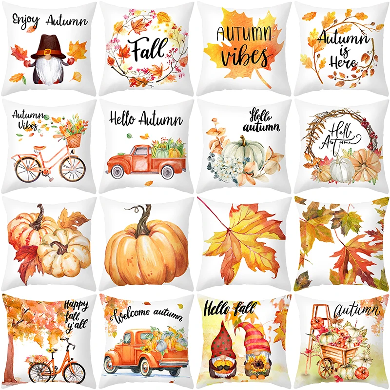 Fall Gnome Figurines Pumpkin Thanksgiving Pillow Case Autumn Harvest Holiday Pillow Cover 100% Polyester Resuable Cushion Cover