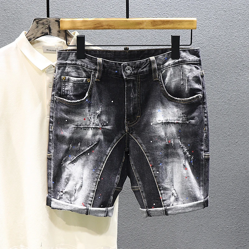 Tie-dye Fashion Paint Spots Denim Shorts Men's Summer New Ripped Retro Dilapidated Male Streetwear Short Jeans