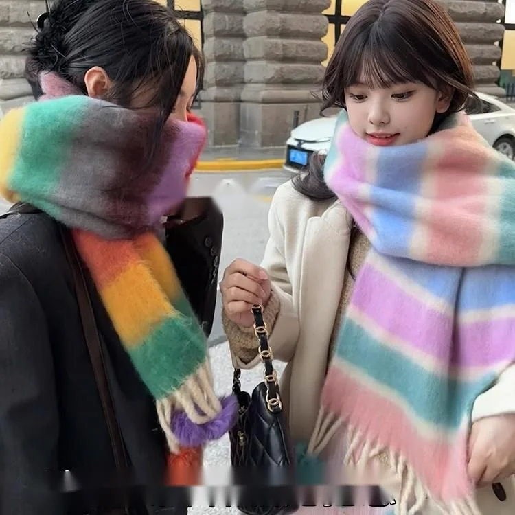 Dopaminfarben gestreifter handgemachter Wollknäuel warm für Frauen im Winter, neue koreanische Version verdicktes kältebeständiges Paar_voghion.com