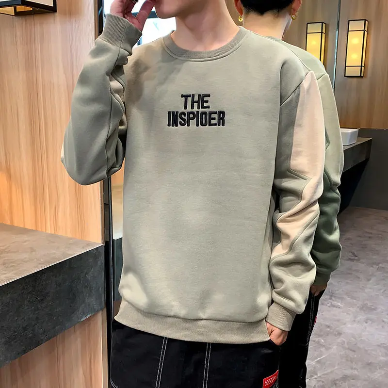 Men's Clothing Stylish Letter Embroidery Pullovers Spring Autumn Round Neck Korean Loose Spliced Long Sleeve Basic Sweatshirts