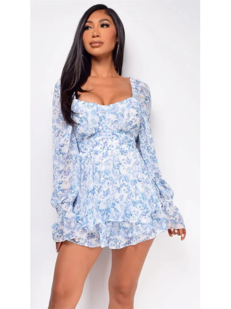 Flower Printed Jumpsuits Women Autumn New Long Sleeve Ruffles Leace-up Sexy Backless Chic Jumpsuit Shorts Ladies Fashion Elegant