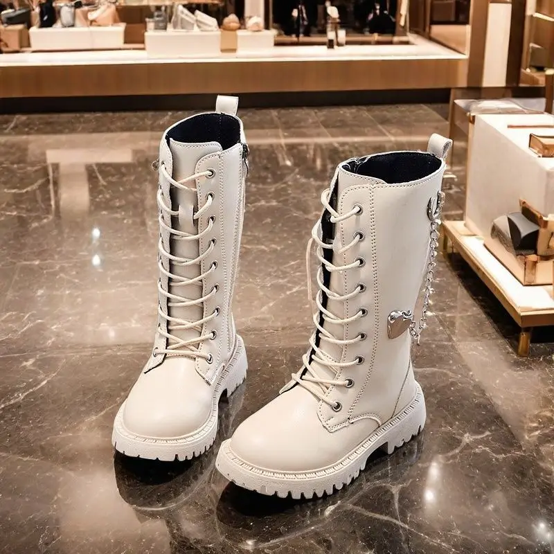 Kids'Boots 솔리드 컬러 PU 가죽 러브 패션 가을 무릎 높이 부츠 소녀용 미끄럼 방지 통기성 블랙 화이트 사이즈 21-37