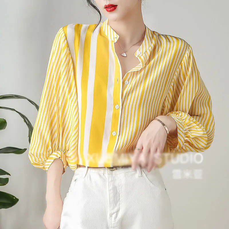 

Женская рубашка в полоску, с рукавом 3/4 и круглым вырезом