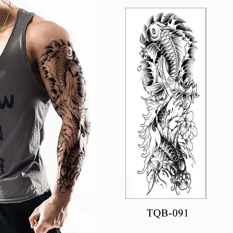 Men's Temporary Tattoos Large Arm Sleeve Tattoo Sticker Dragon Tiger Fish Full Skull Totem Wolf Waterproof Fake Tatoo for Women 4