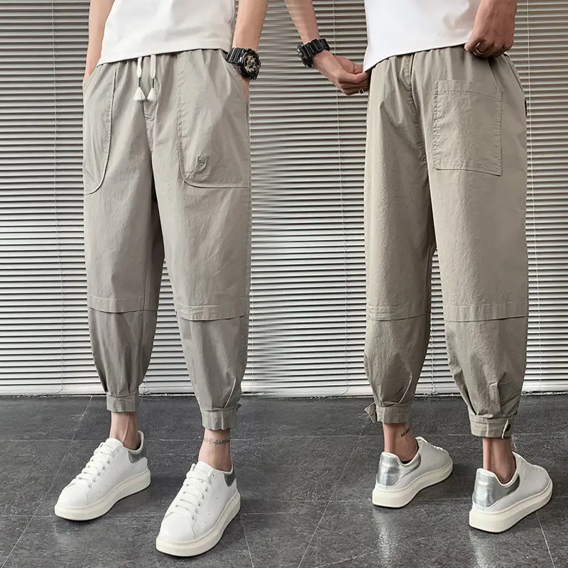 Thin Style Harlan Pants Summer Fashion Trendy All-match Loose Casual Patchwork Elastic Pockets Drawstring Young Style Trousers