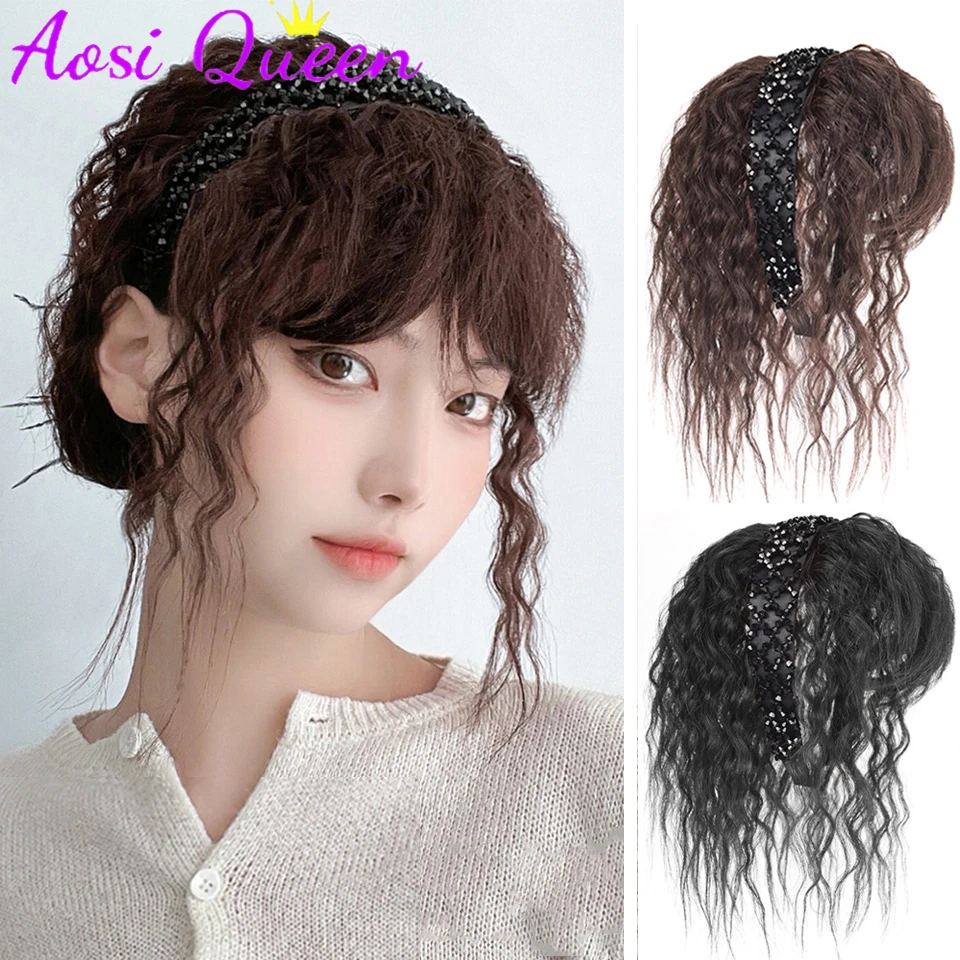 

AOSI Hair Band Wig With Bangs Synthetic Fluffy Wool Roll 12 Inch Heat-resistant Women's Hair Band Wig
