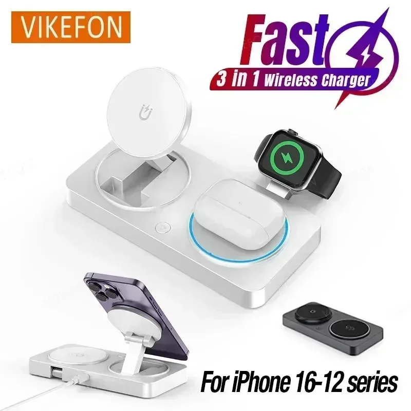 3 in 1 Magnetic Wireless Charger Foldable Phone Stand Fast Charging Station For iPhone 16 15 14 Pro Max iWatch 10 9 Airpods Pro2