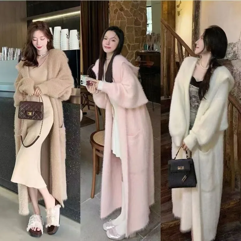 Thick hooded knitted cardigan jacket for knitted sweater autumn and winter women's gentle and lazy style knee length coat