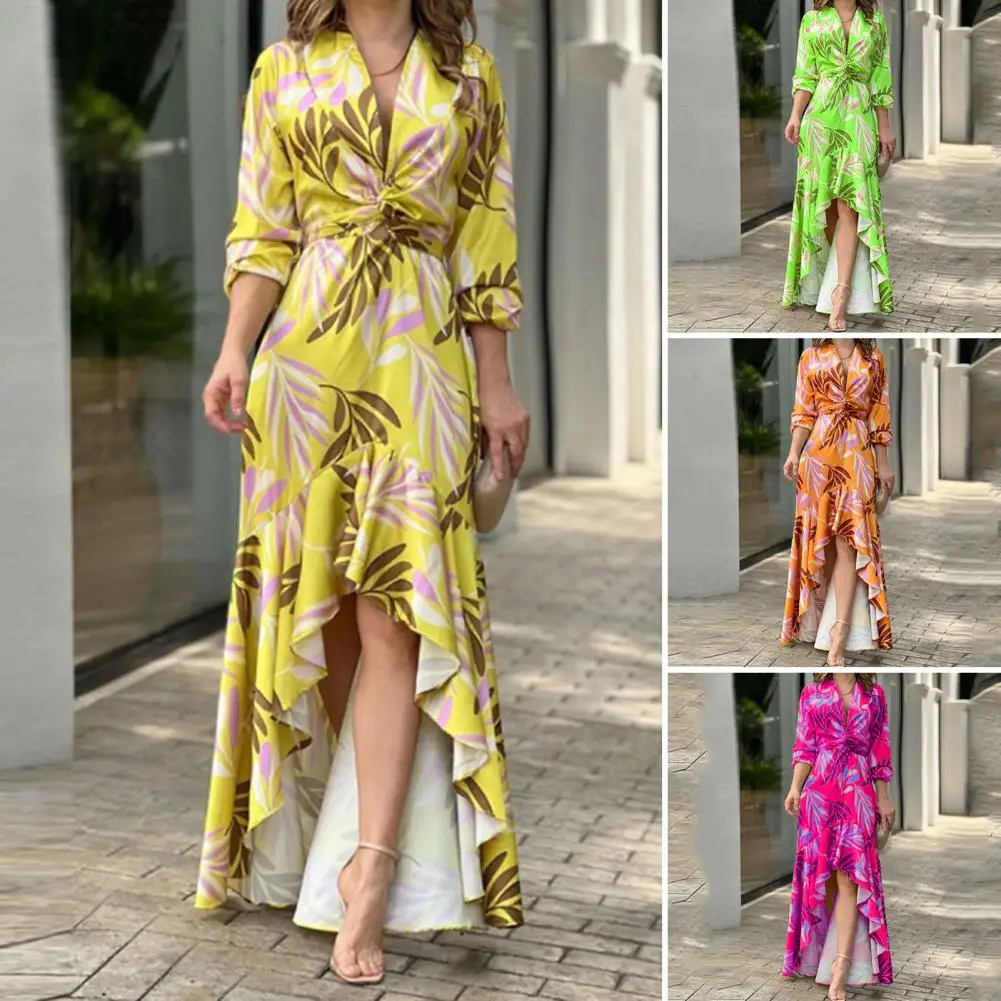 

Woman Autumn Maxi Dress V Neck Long Sleeves Front Knot Waist Tight Leaves Print Ruffle High-low Hem Holiday Dress Female Clothin