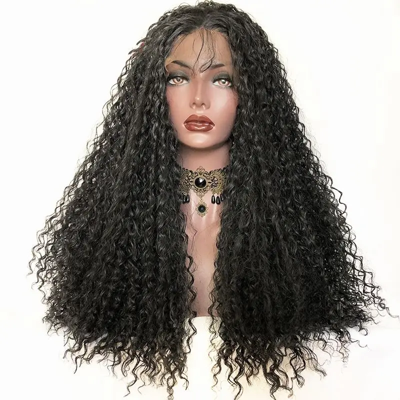 

African Fluffy Long Curly Hair Wigs For Black Woman Synthetic Fiber Front Lace Wig Headgear Can Heat The Natural Hairline Wigs .