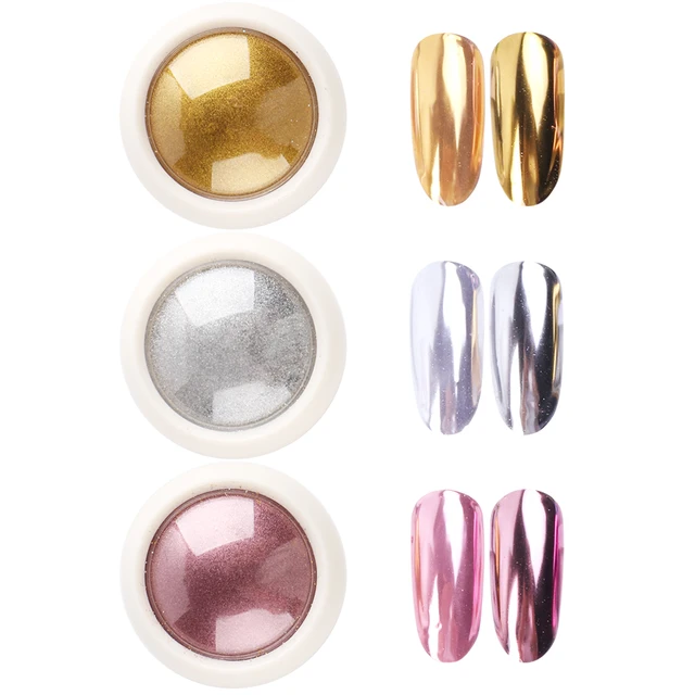 Poudre a ongle effet métallique effet miroir chromé, 3 boîtes, or argent Rose