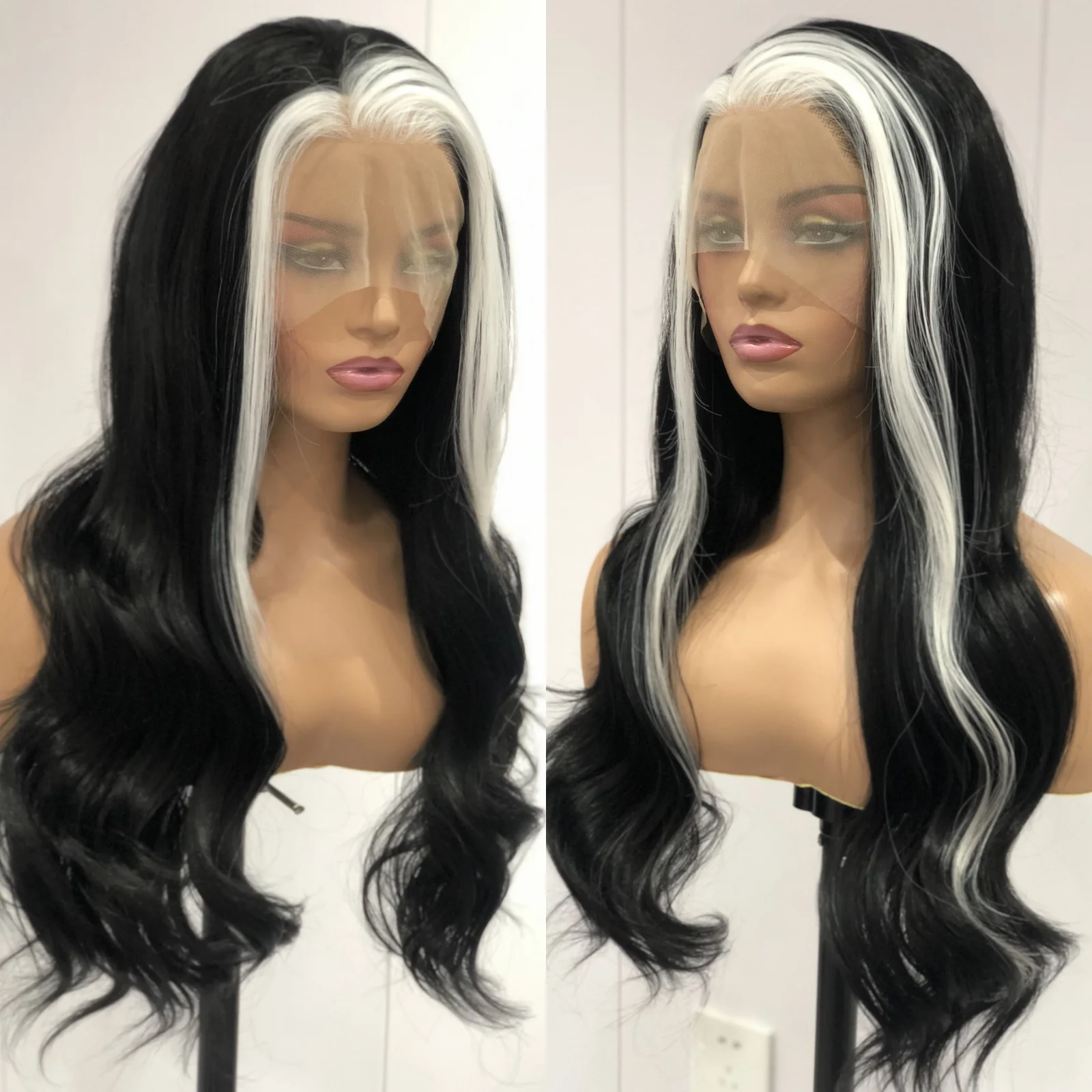 Black White Highlight Synthetic Lace Front Wig Long Curly Natural Wavy Colored Body Wave 13X4 Lace Frontal Wigs For Women