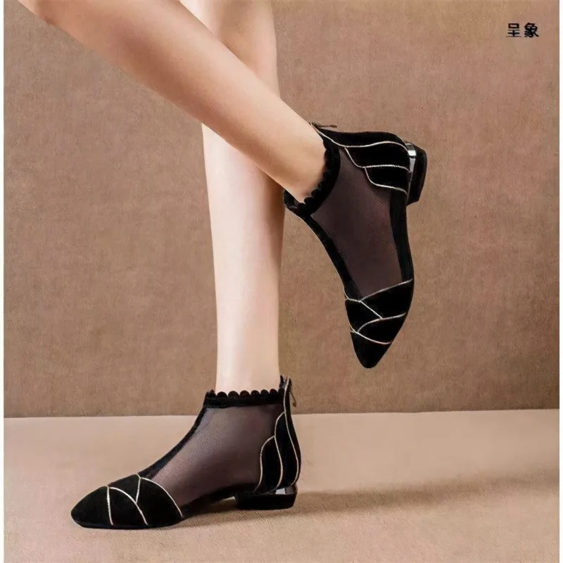 Mesh Boots Women's 2024 Spring and Summer New Low-heeled Thick-heeled Sandals High-heeled Hollow Shoes 35-40 Large Size Zipper