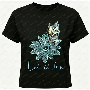 Vintage Boho Peace Symbol Flower Butterfly Womens T Shirt Fashion Summer Short Sleeve Let It Be Slogan Floral Casual Daily Tees 5