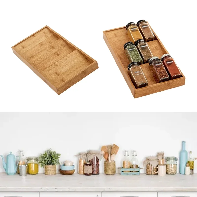 Multi Functional Bamboo Jars Storage Box Drawer Shelf  3-Tier Wood Seasoning Drawer Tray Spice Bottle Storage Display Rack
