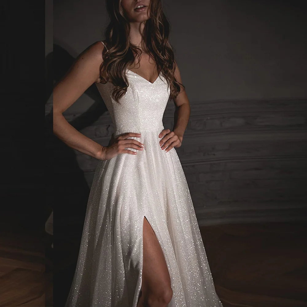 ANGEL Spaghetti Strap V-Neck Sparkling Wedding Dresses for Women Customized Side Split Glitter Bridal Party Gowns Hochzeitskleid 2