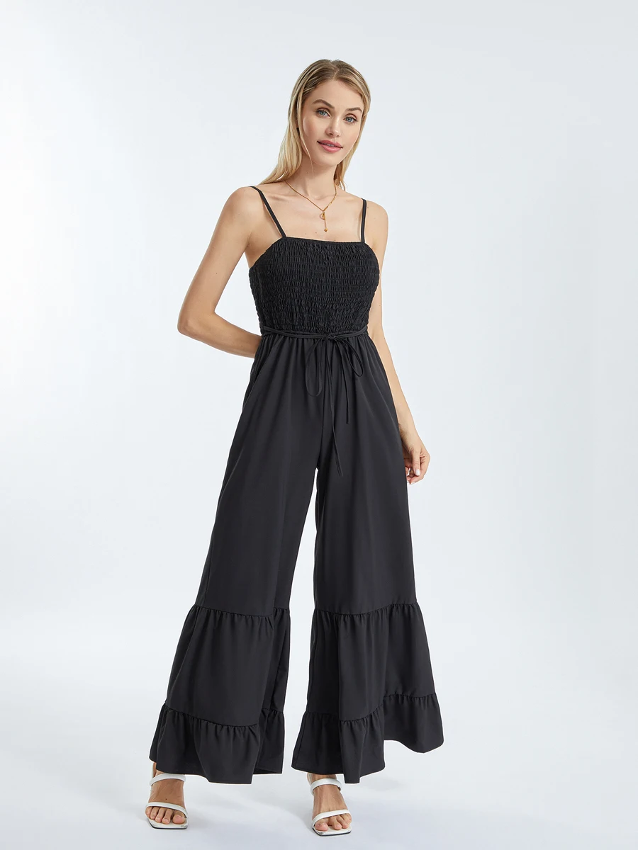 

Women Summer Casual Spaghetti Strap Jumpsuit Sleeveless Smocked Wide Leg Bell Bottom Pant Jumpsuit Romper