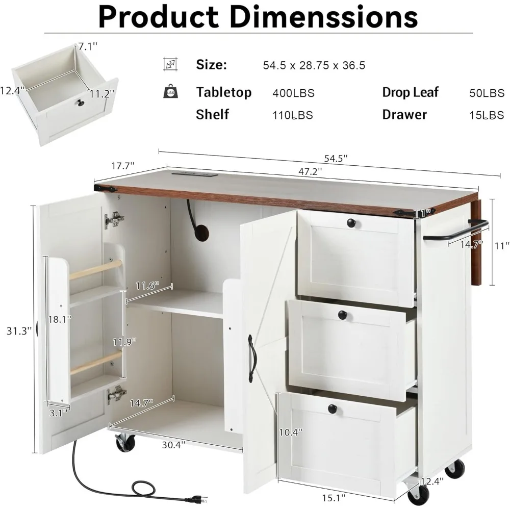 54.5"  Mobile Kitchen Island with Power Outlet, Drop Leaf, Spice Rack and Drawer - Rolling Kitchen Cart with Ample Storage 4
