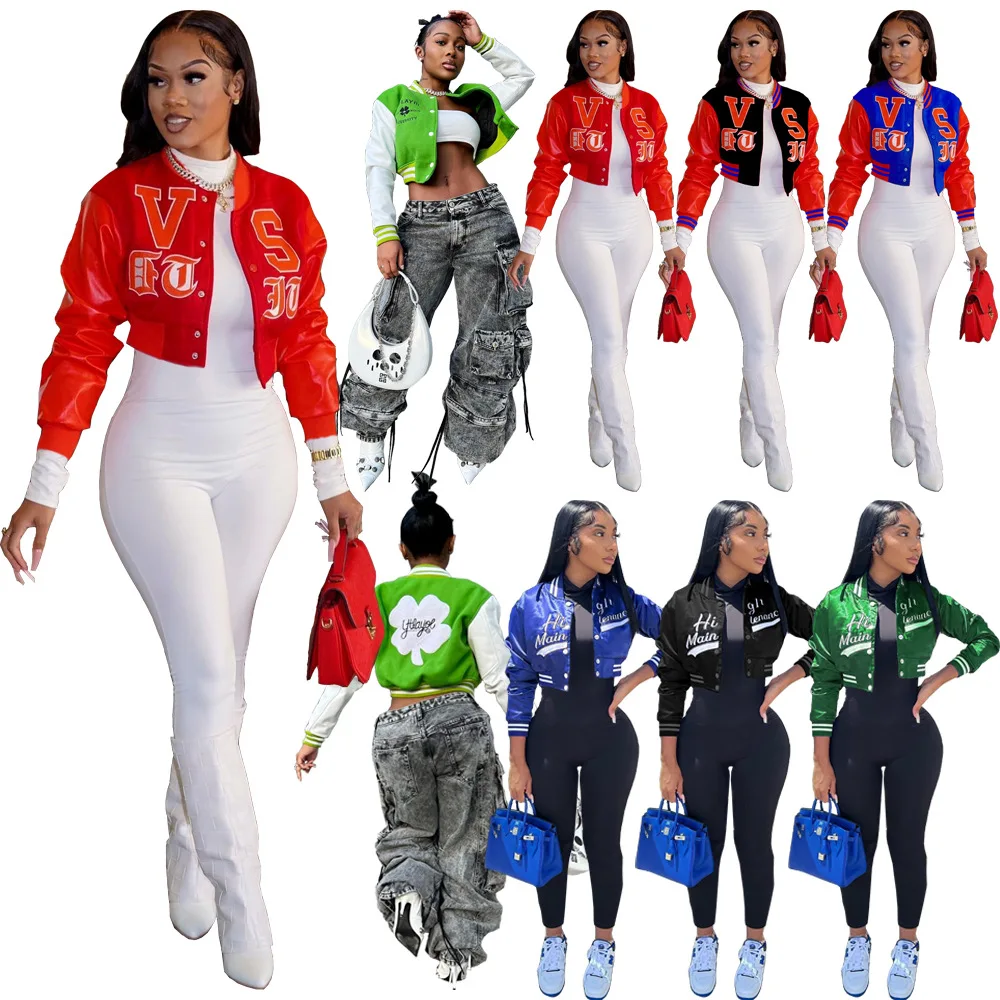 Varsity Letter Patchwork Women Crop Jacket Button Up All Match Coat 2022 Autumn Winter High Street Overcoat Motorbike Outerwear 1686 liquimoly синт мот масло д 4 т мотоц motorbike 4t synth street race 10w 50 sn plus ma2 4л