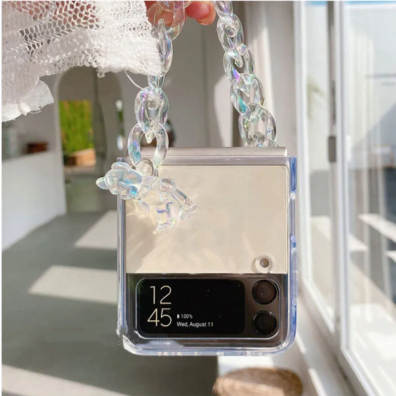 Custodia Per Telefono Con Bracciale Orso Per Samsung Galaxy Z Flip 4 Z Flip 5 Catena A Mano Trasparente Z Flip 3 Zflip 5Gcover